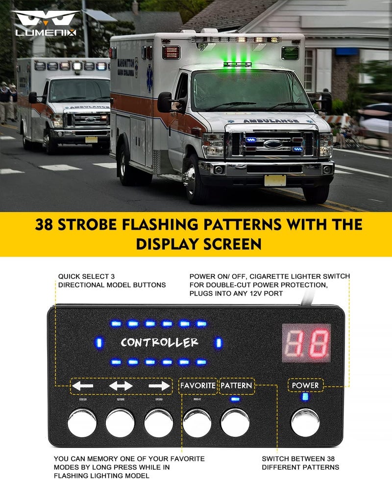 LUMENIX LED Rooftop Strobe Beacon Lights Bar w/Controller Magnetic Emergency Traffic Warning Caution Flashing Light for Construction Vehicles Tow Trucks Snowplow Cars - White Green (Patent Design) - Image 3
